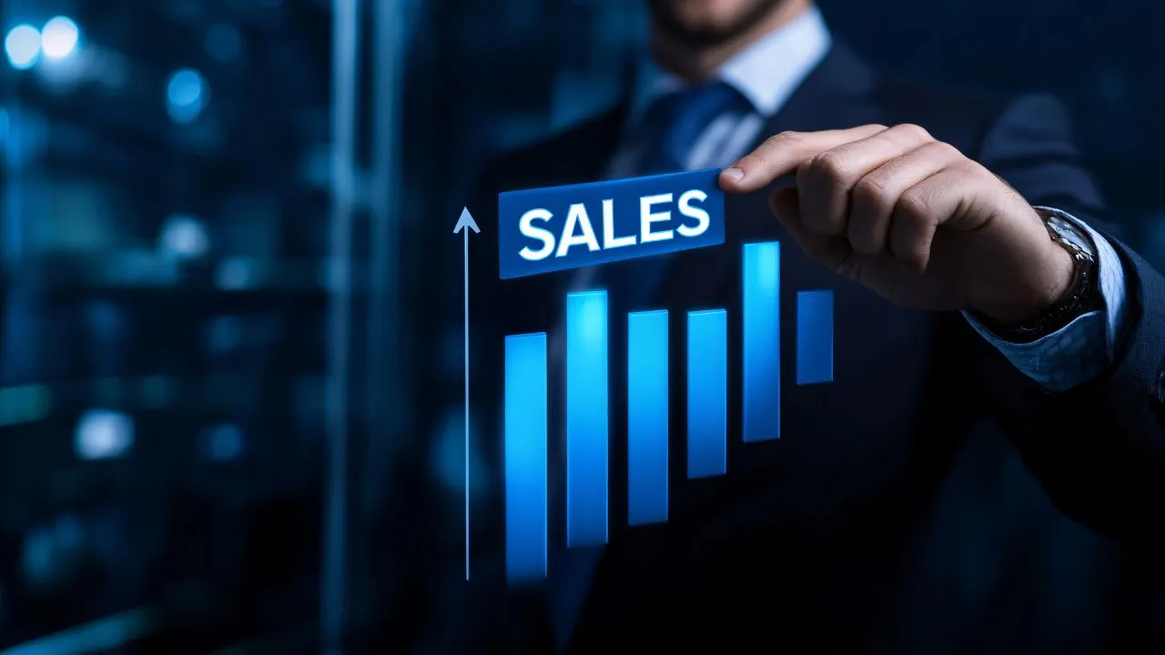 A businessman pointing to a glowing blue bar chart and a "SALES" button with an upward arrow.