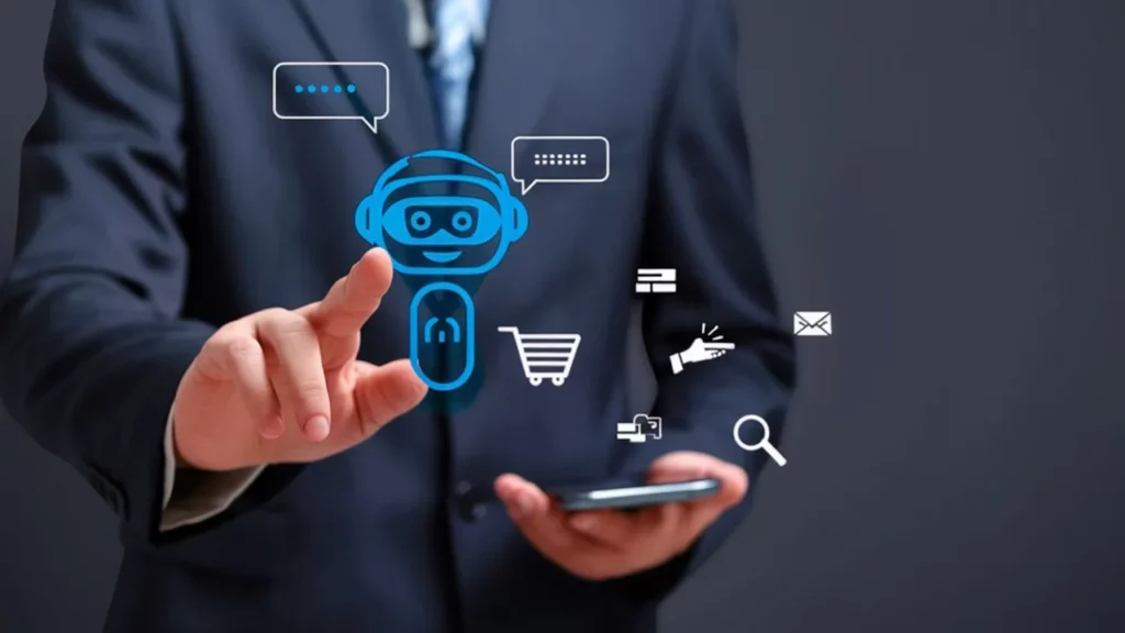 A man in a suit interacting with a digital chatbot icon and various e-commerce symbols floating above a smartphone.