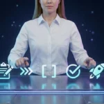 A woman in a white shirt interacting with a futuristic holographic interface showing workflow icons like a clipboard, brackets, and a rocket.