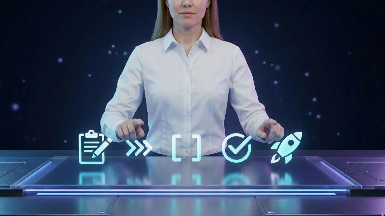 A woman in a white shirt interacting with a futuristic holographic interface showing workflow icons like a clipboard, brackets, and a rocket.