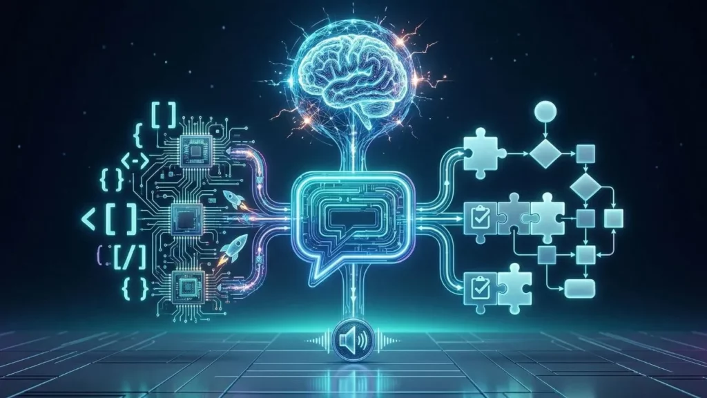 A digital illustration of a glowing brain connected to a speech bubble, circuit boards, and a flowchart, symbolizing AI processing.