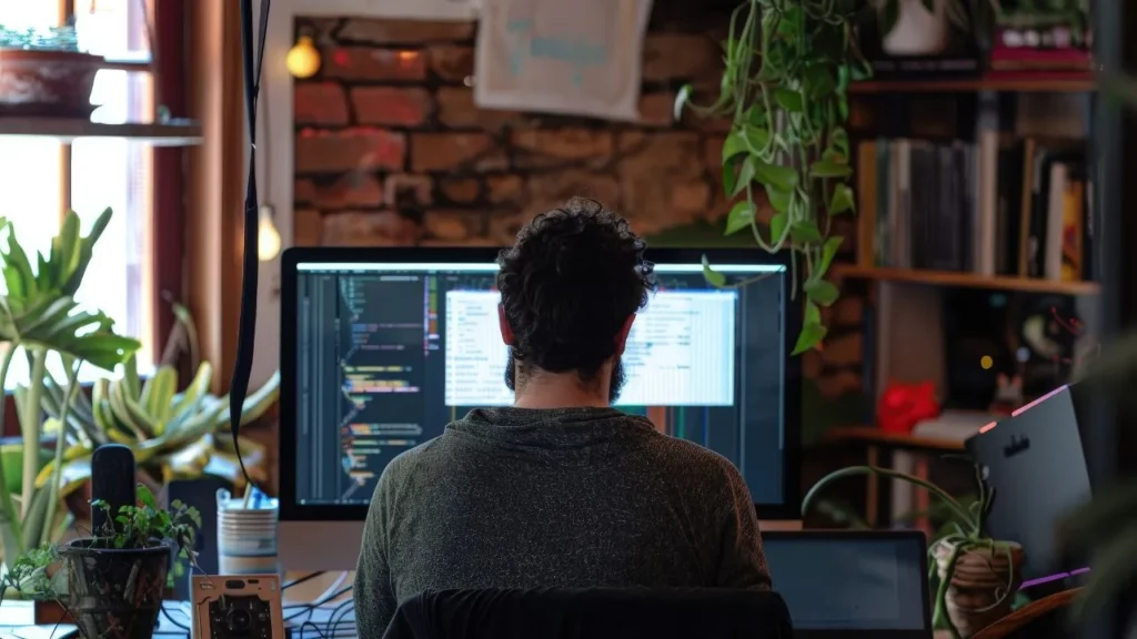 A person with curly hair seen from behind, working on a computer displaying lines of code in a room filled with plants.
