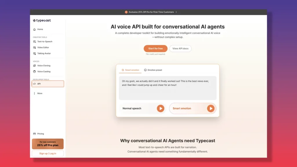 Typecast text-to-speech API page.