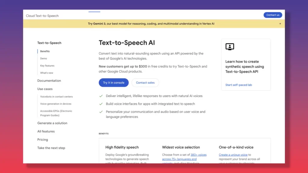 Google Cloud Text-to-Speech page.