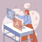 A woman exploring voice API customization options.