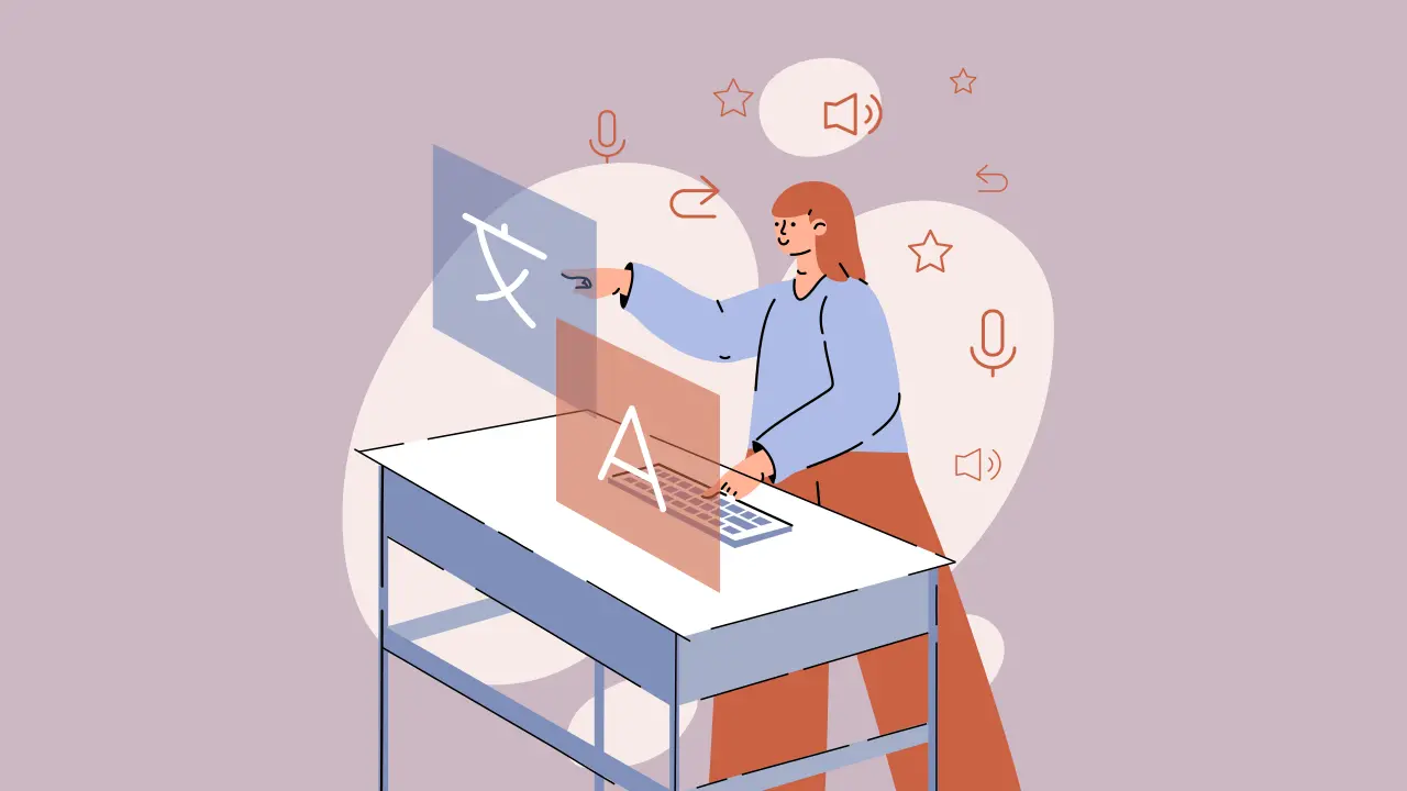 A woman exploring voice API customization options.