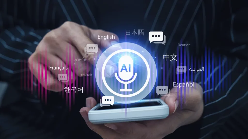 A person playing around with different AI voice and language options on their phone.