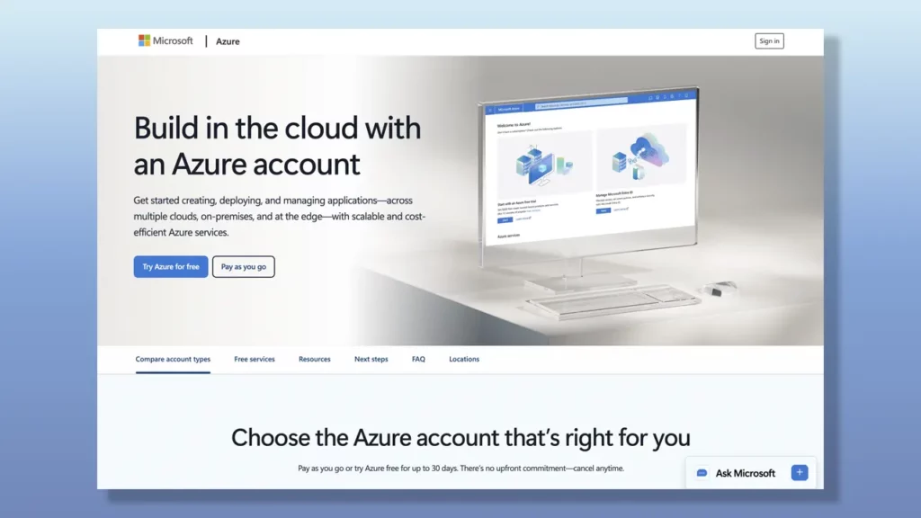 Microsoft Azure page.