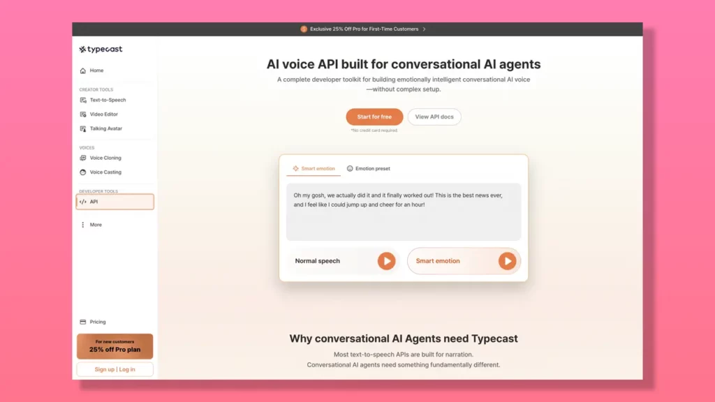 Typecast text-to-speech API page.