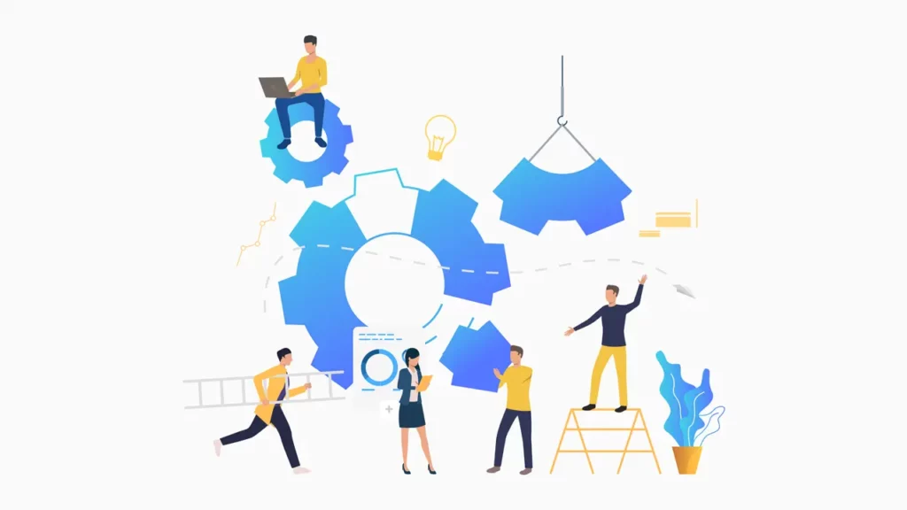 A group of people assembling something.