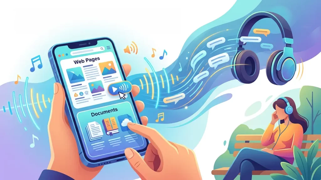 A person listening to TTS on their mobile, while another person browses content on their phone using TTS.