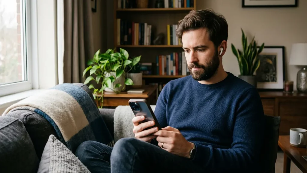 A man listening to TTS on their mobile.
