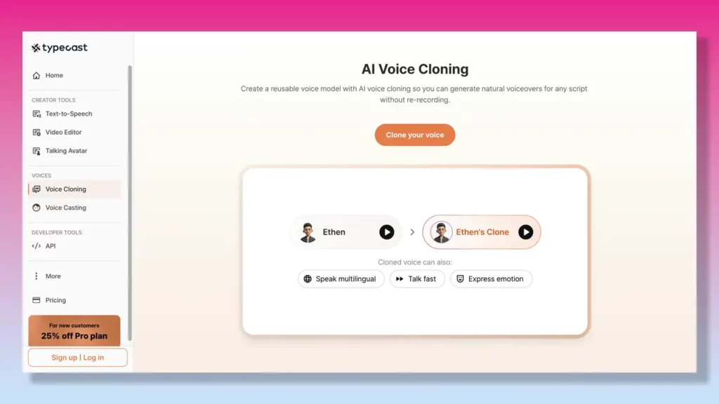 Typecast AI Voice Cloning page.