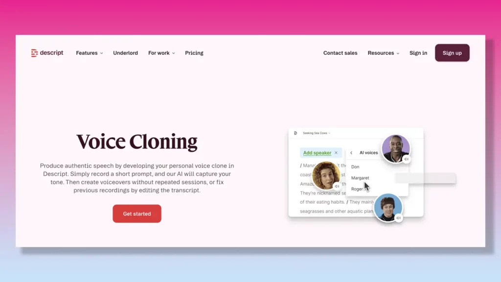 Descript voice cloning page.