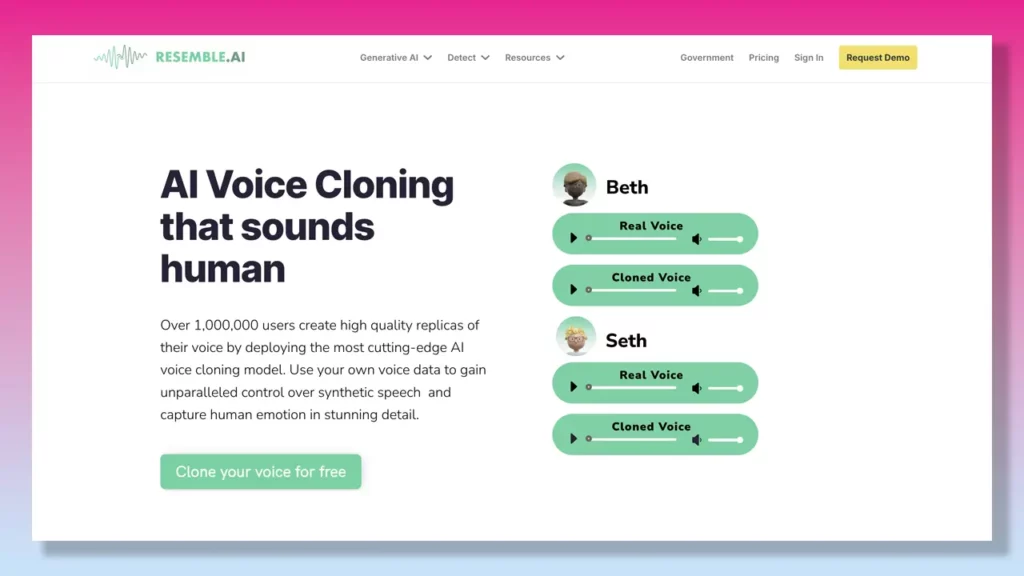 Resemble.ai voice cloning page.