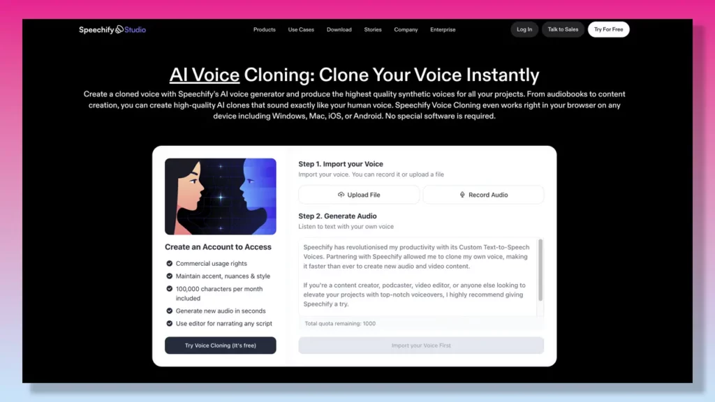 Speechify voice cloning page.