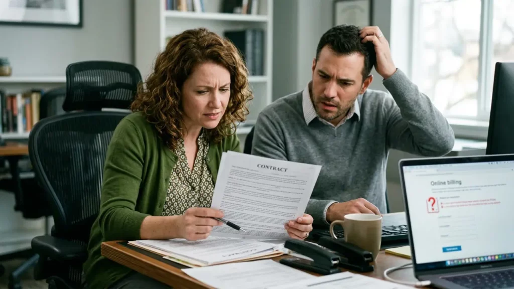 Two people finding out about hidden fees.