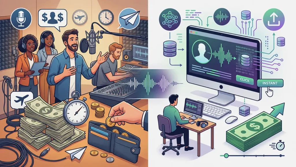 Voice recording in a studio vs voice recording with AI.