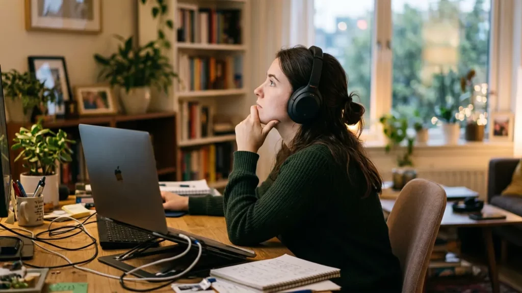 A woman with headphones thinking at her laptop.