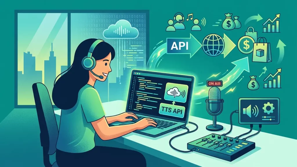 A woman using TTS API for commercial projects.