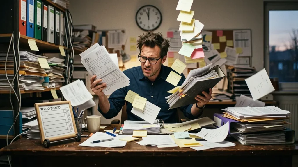 A man stressing out in the office about talk management.