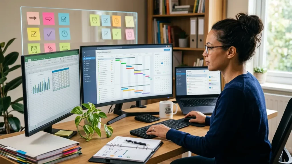 An office worker using AI to prioritize key tasks.