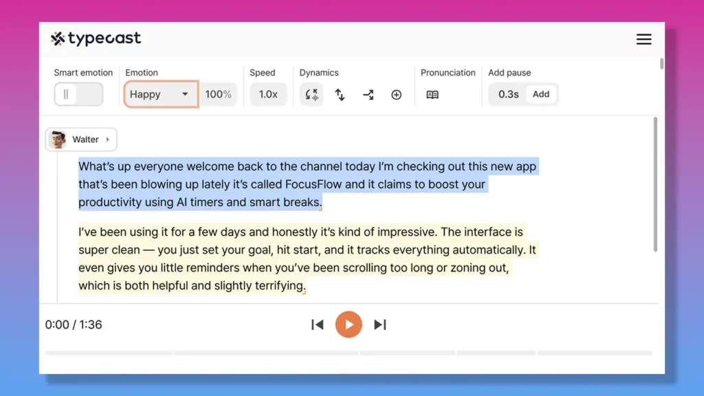 Typecast TTS editor with US english voiceover.