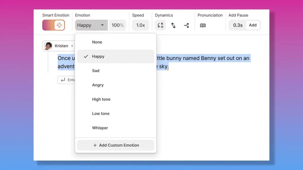 Typecast TTS editor, with US english voiceover expressing emotion.
