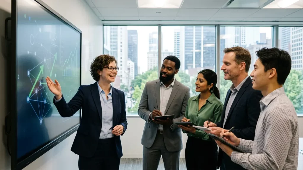 A group of people in a business embracing AI.