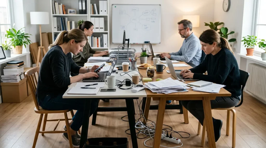 A group of people working chaotically in their office.