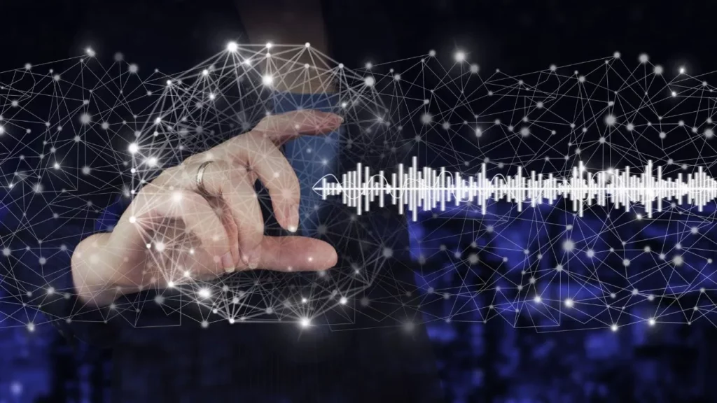 A close-up of a hand interacting with a glowing digital wave and a network of interconnected dots.