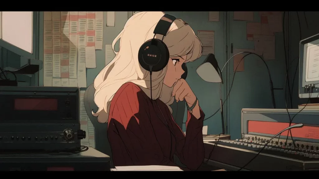 Anime-style illustration of a blonde woman wearing large headphones and working at a vintage radio console.