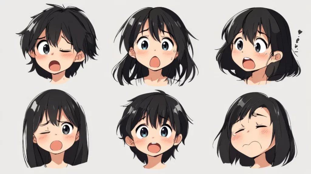 A collection of six anime-style character faces showing various surprised and flustered expressions.