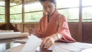 A woman in a pink kimono focused on arranging papers at a wooden table in a traditional Japanese room.