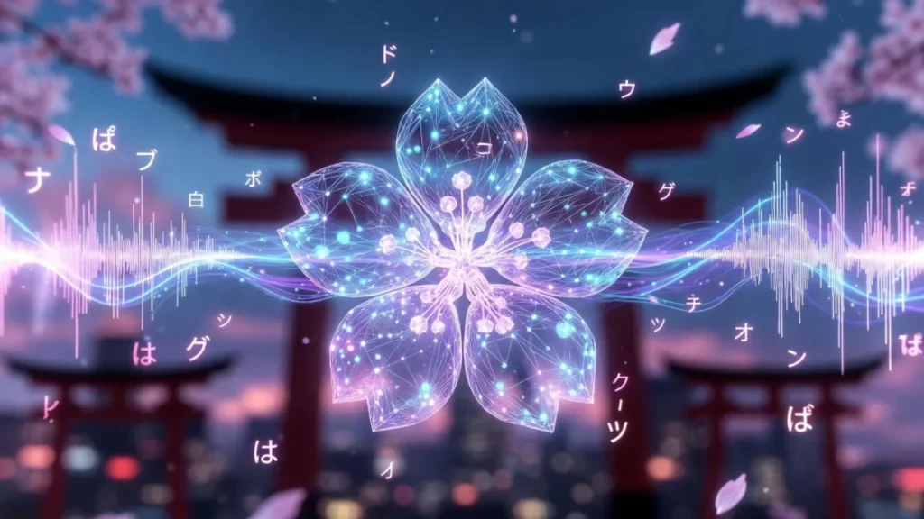 A digital illustration of a glowing neon cherry blossom and sound waves in front of a red torii gate