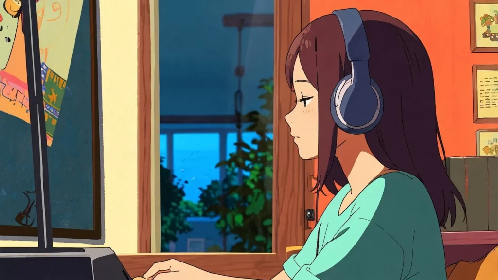 An anime-style illustration of a girl wearing blue headphones and working at a computer by a window at night.