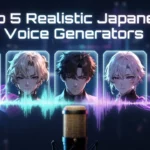 A digital banner titled "Top 5 Realistic Japanese Voice Generators" featuring five anime-style character portraits above a glowing waveform and a studio microphone.