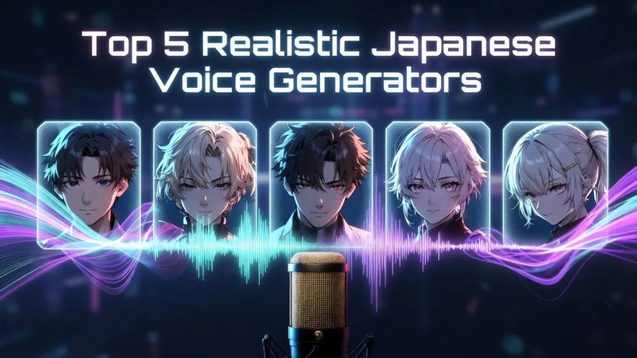 A digital banner titled "Top 5 Realistic Japanese Voice Generators" featuring five anime-style character portraits above a glowing waveform and a studio microphone.