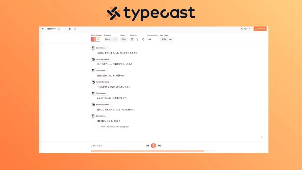 A screenshot of the Typecast interface showing a Japanese script dialogue between two AI voice characters, Daichi Inoue and Nanami Ichikawa.