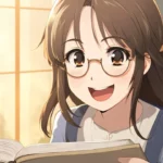 Cheerful anime girl with glasses holding an open book.