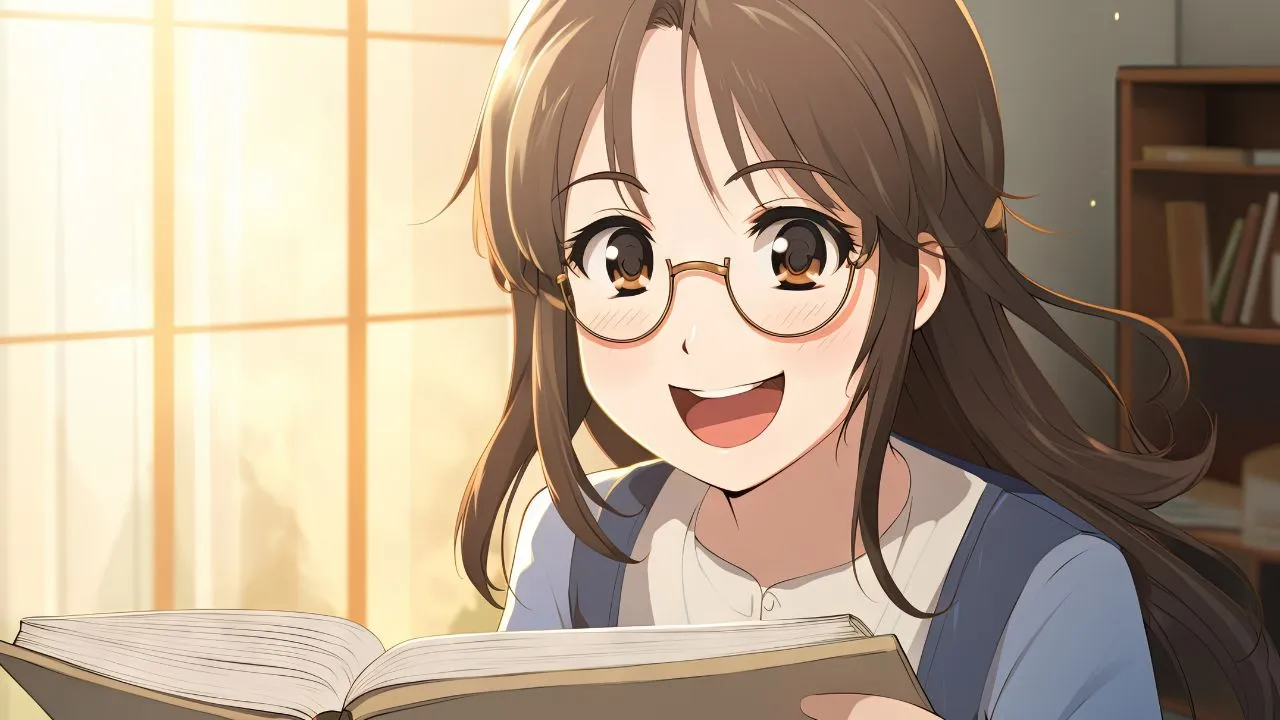 Cheerful anime girl with glasses holding an open book.