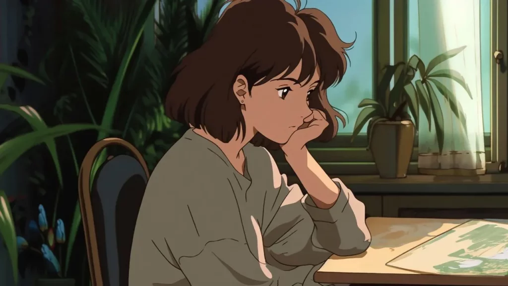 Pensive anime girl sitting at a desk with plants in the background.