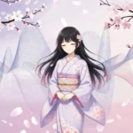 Anime girl in a lavender kimono smiling amidst cherry blossoms and digital sound waves.