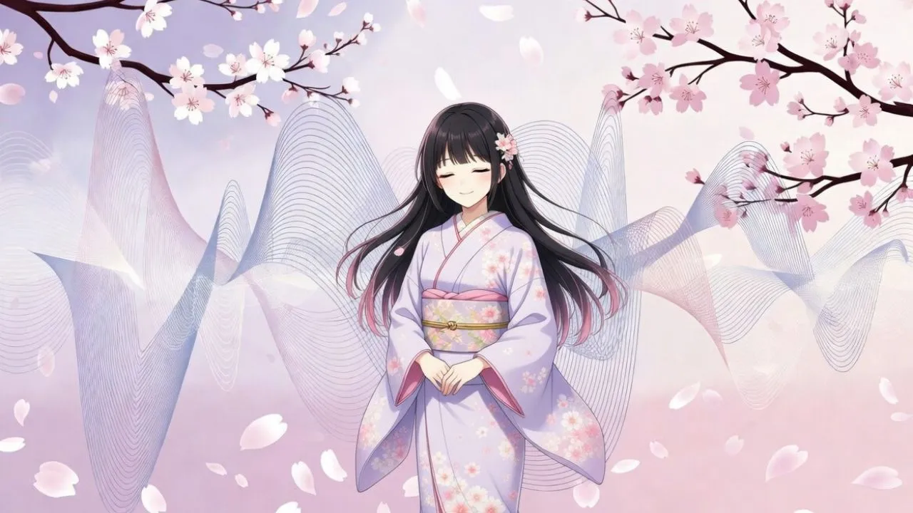 Anime girl in a lavender kimono smiling amidst cherry blossoms and digital sound waves.