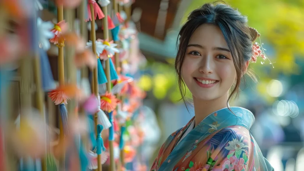 Smiling woman in a colorful floral kimono standing next to decorative hanging ornaments.