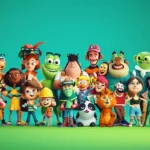 A large, diverse group of 3D animated characters, including humans, animals, and creatures, standing together against a solid teal background.