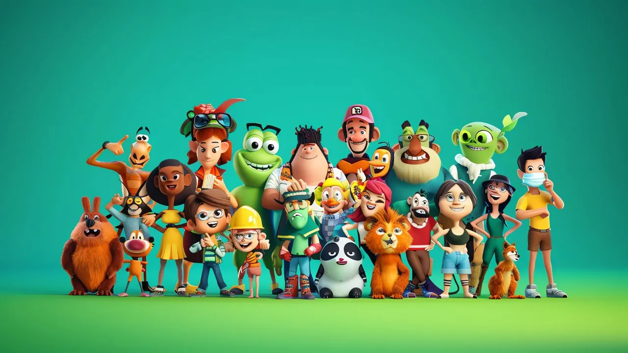 A large, diverse group of 3D animated characters, including humans, animals, and creatures, standing together against a solid teal background.