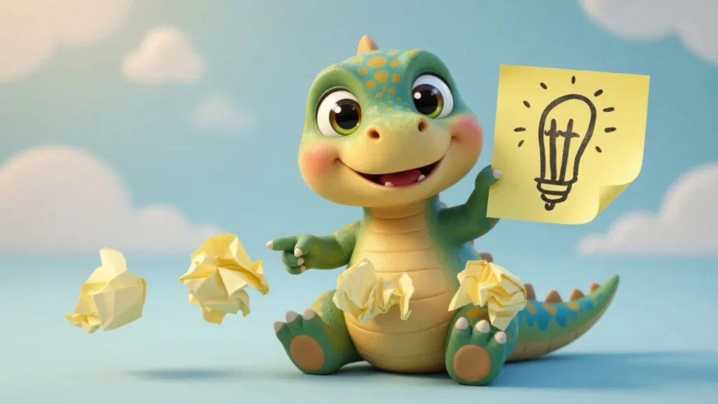 A cute, smiling 3D baby dinosaur sitting on a blue surface, holding a yellow sticky note with a lightbulb icon and pointing at crumpled paper balls.