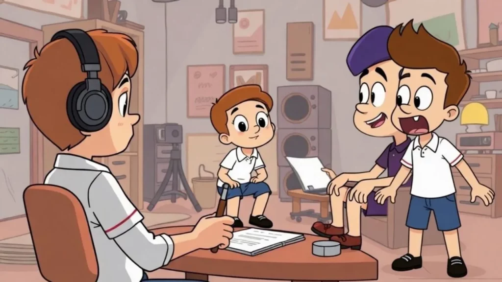 A 2D cartoon scene of four young boys in a room; one wears headphones while the others watch him work at a desk.