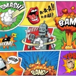 A vibrant, multi-paneled pop art comic strip montage featuring various action sound effects and illustrations in a classic, retro style with heavy ink outlines.
